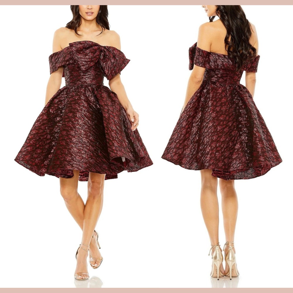 NWT Mac Duggal [ 8 ] 68622 Brocade Off The Shoulder Mini Dress in Ruby Red J1732